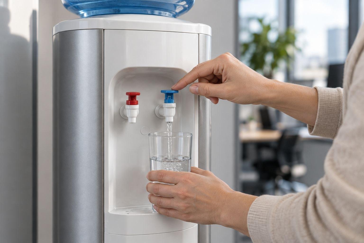 Una mano pulsa el grifo azul del dispensador y llena un vaso de agua